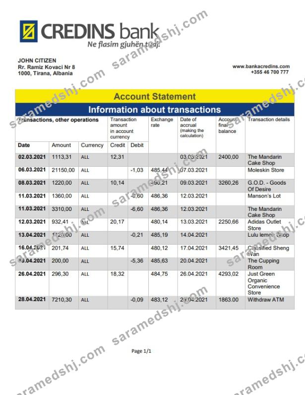 Albania Credins bank statement